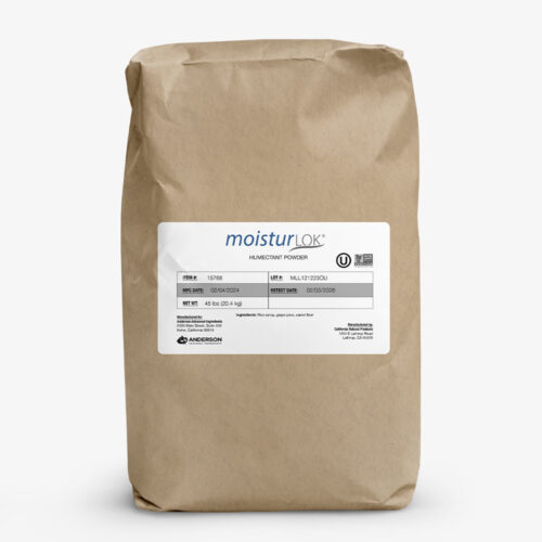 Brown kraft paper bag of MoisturLOK-Humectant-Powder with printed label and product details